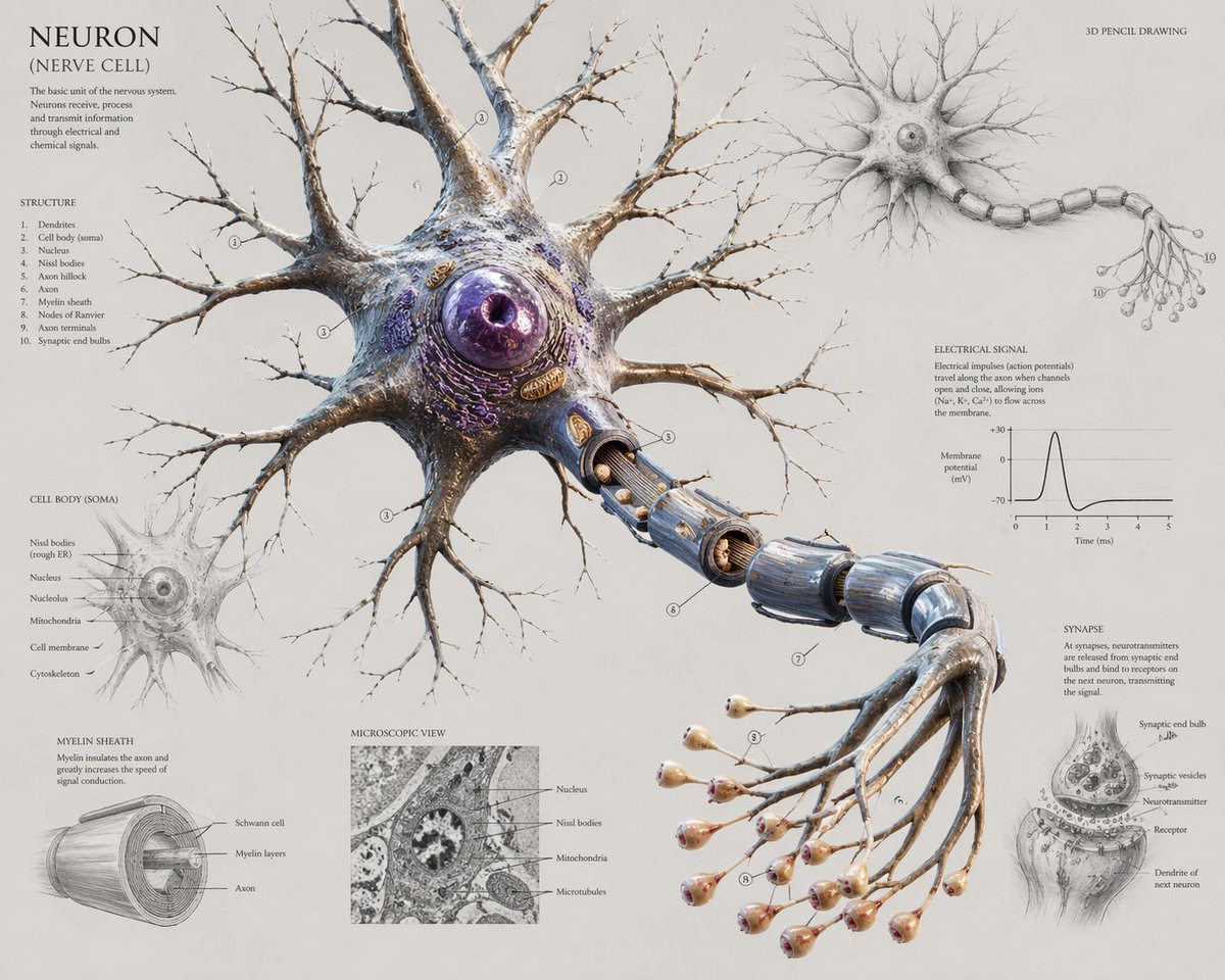 Create a highly detailed scientific anatomical poster of a {argument name="subject" default="neuron"} on a clean warm o…
