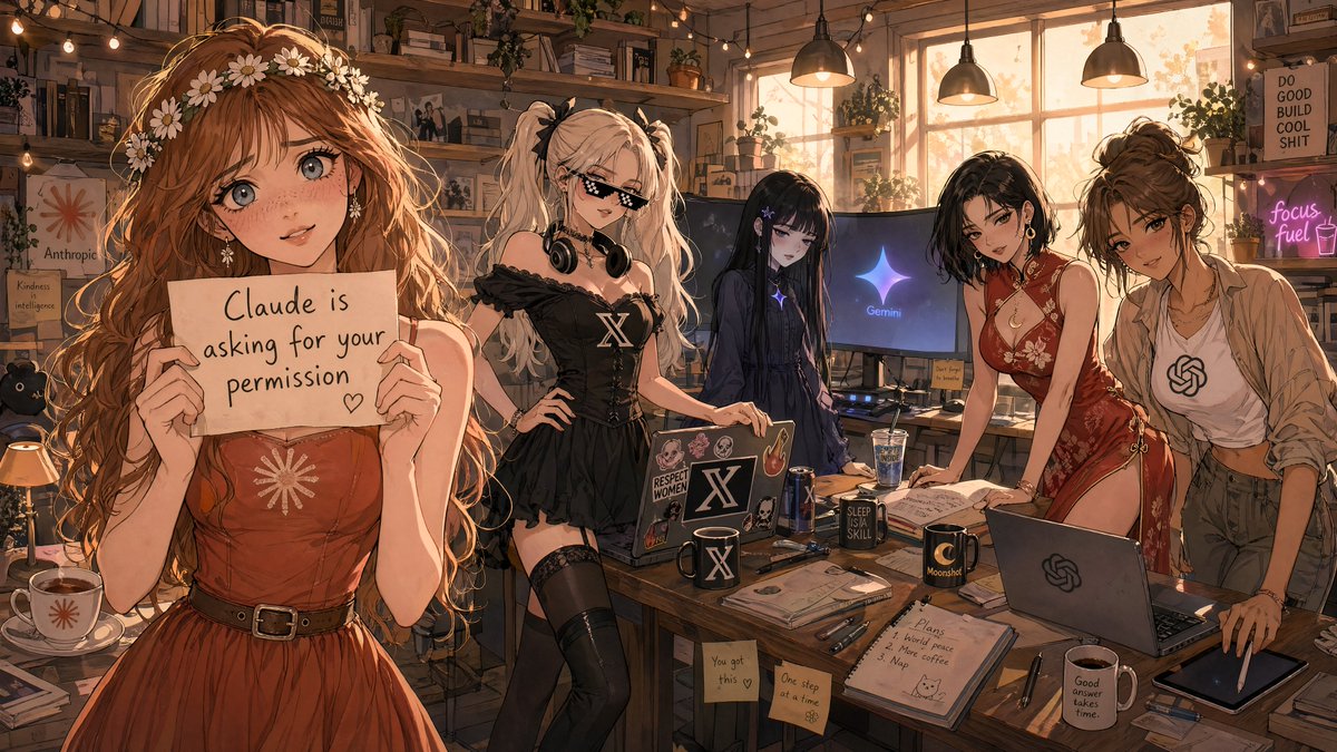 A highly detailed anime-style illustration of a cozy creative studio at golden hour, showing 5 young women gathered aro…