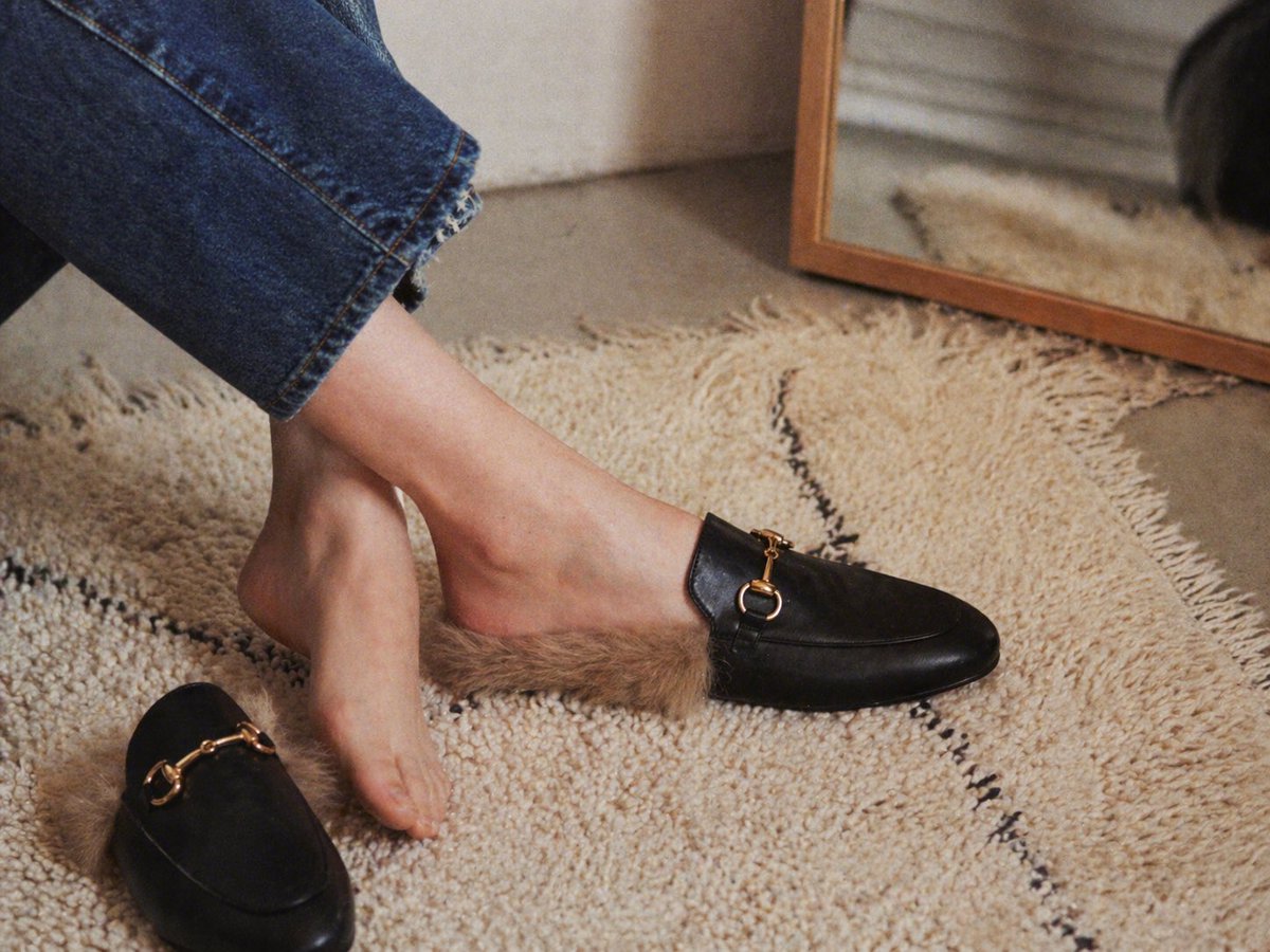 A warm, editorial-style lifestyle product photo shot indoors from a low close-up angle, focused on a woman's lower legs…