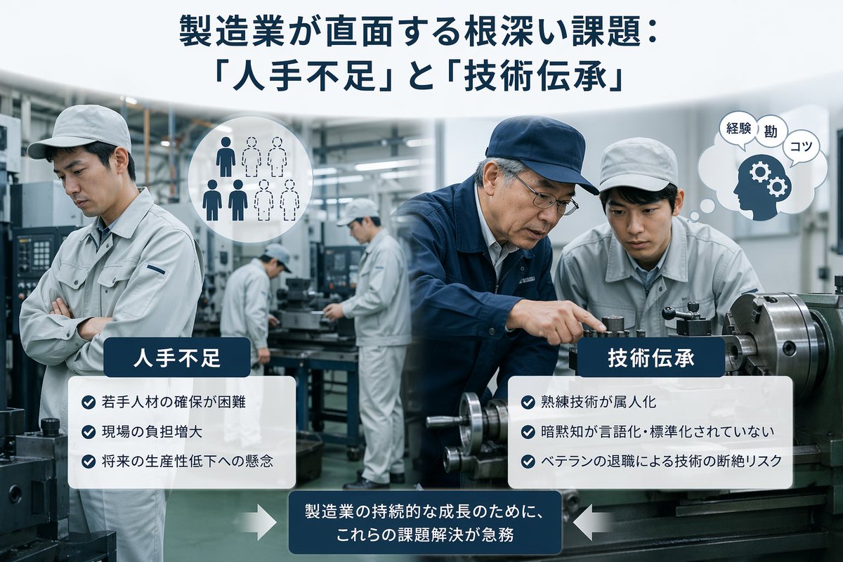 A clean corporate editorial infographic illustration for a Japanese business article about manufacturing industry chall…