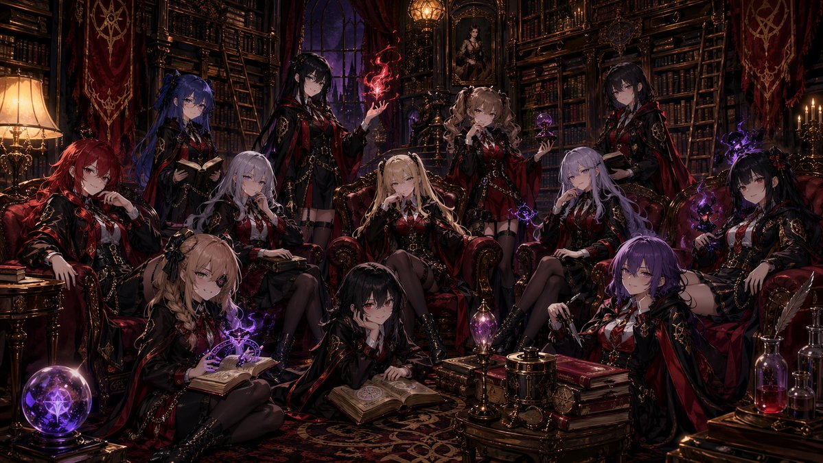 A lavish dark fantasy anime illustration of 11 elegant young women gathered in a grand gothic library at night, compose…