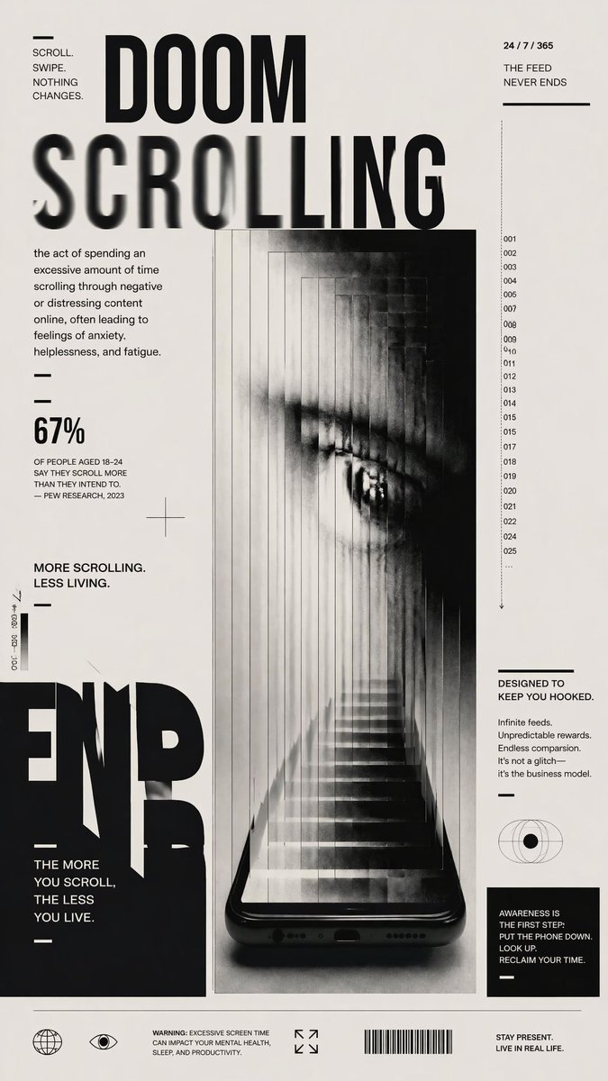 A stark black-and-white editorial anti-tech poster on an off-white background, designed like a modern brutalist magazin…