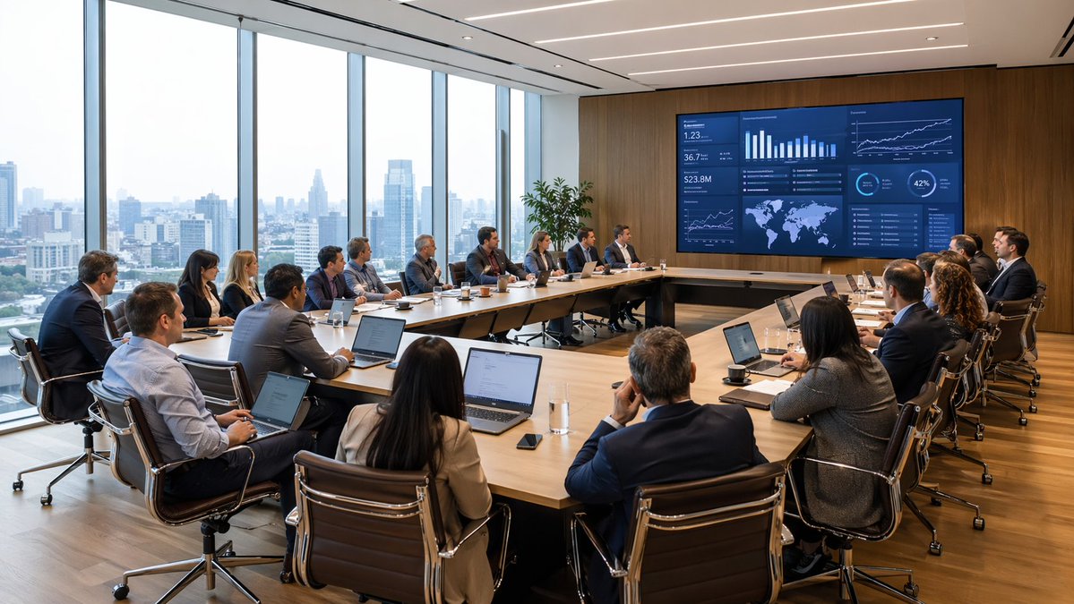A wide-angle photorealistic corporate boardroom scene during a high-level business meeting, viewed from the back corner…