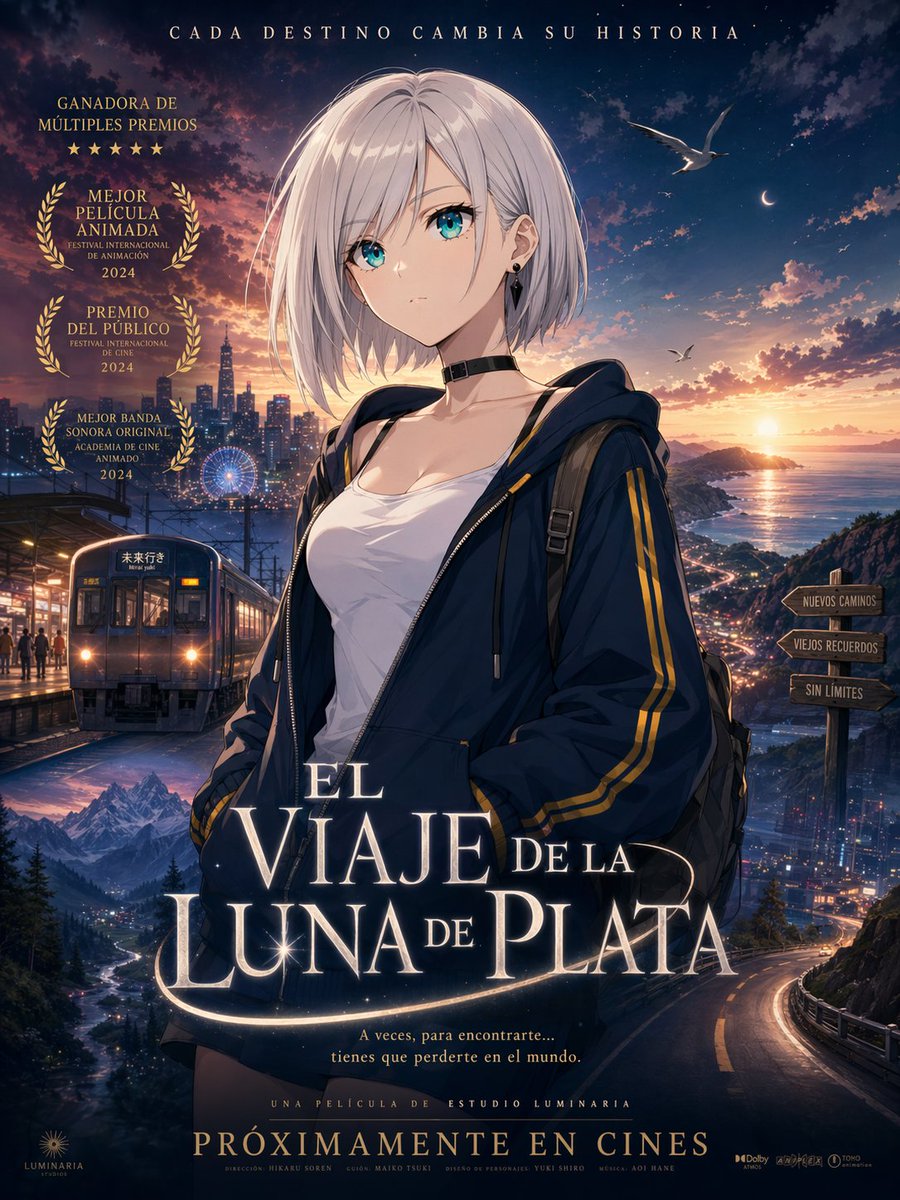 A cinematic anime movie poster for a fictional film titled {argument name="headline text" default="EL VIAJE DE LA LUNA …