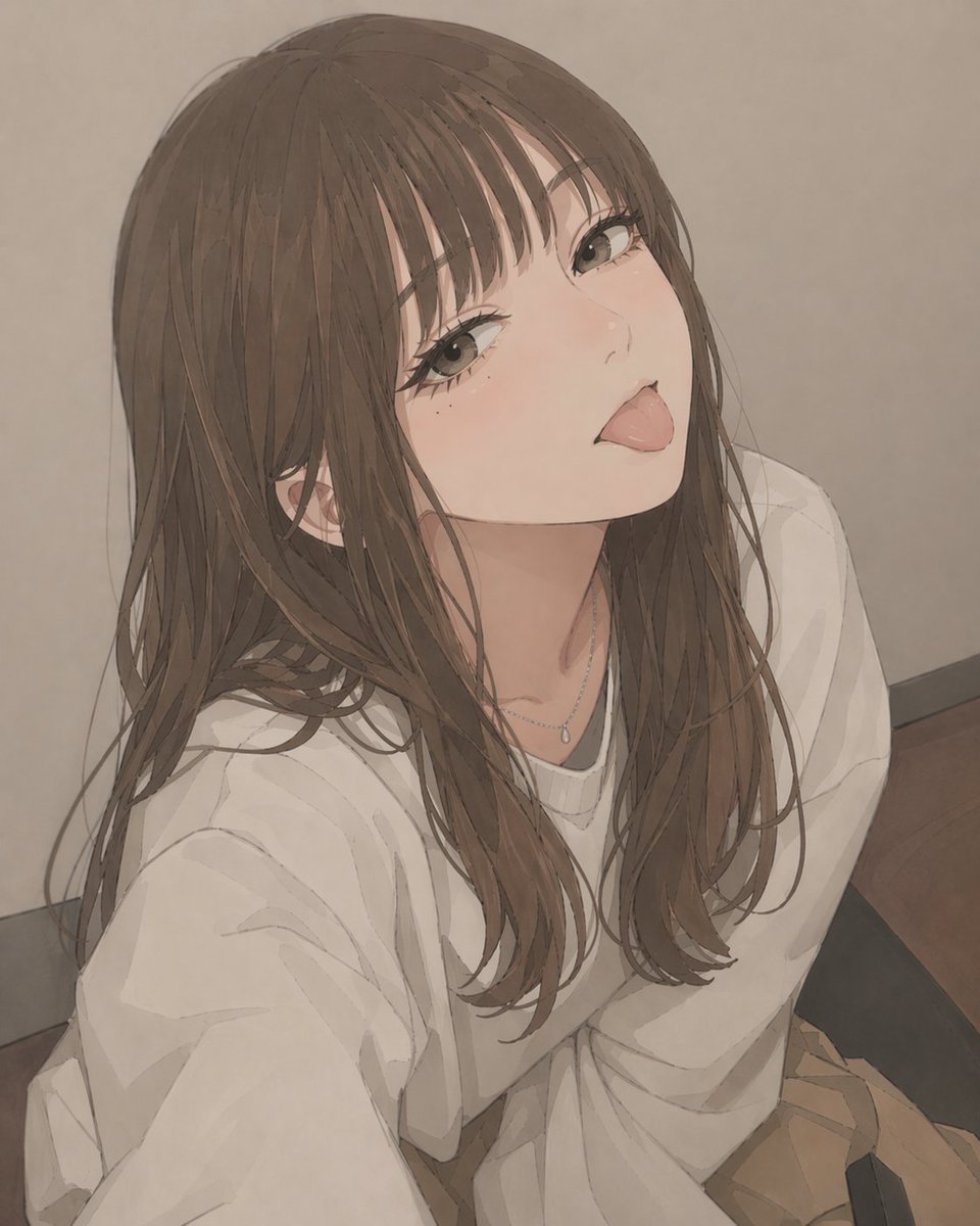 A soft, muted anime-style illustration of a young woman seated indoors at a table, shown from a slightly elevated close…