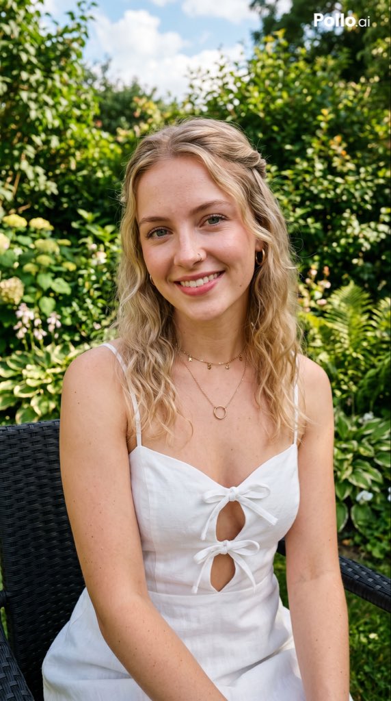 A photorealistic lifestyle portrait of a young woman seated outdoors in a lush sunlit garden, framed from about mid-thi…