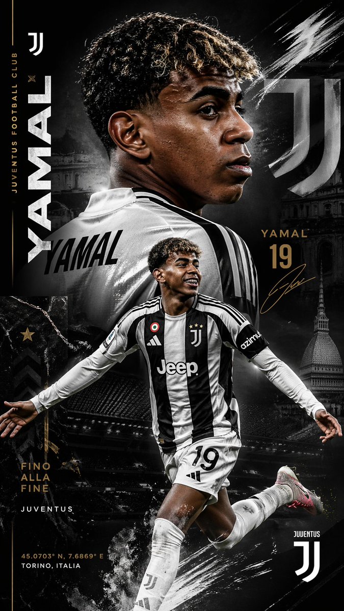 Create a dramatic vertical football poster for {argument name="player name" default="Yamal"} in a Juventus transfer-ann…