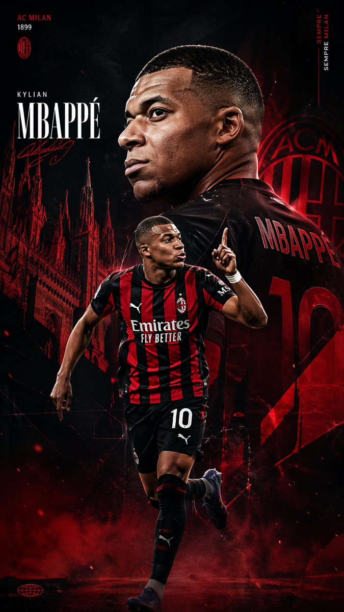 A dramatic vertical football transfer-announcement poster for AC Milan featuring {argument name="player name" default="…