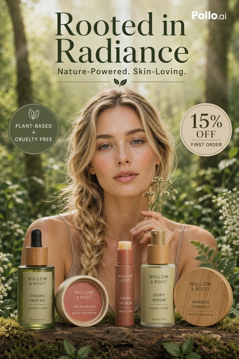 Luxury natural skincare ad campaign shot in a sun-dappled forest clearing, styled like a premium editorial beauty poste…