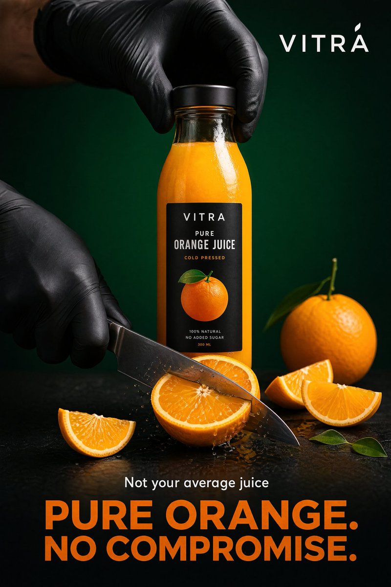 Create a bold, high-end commercial poster for a premium {argument name="product" default="orange juice"} brand, shot in…