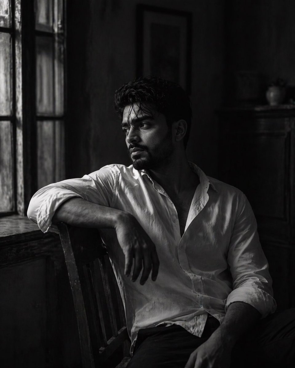 A cinematic, black-and-white portrait of a {argument name="subject" default="young man"} sitting on a {argument name="f…