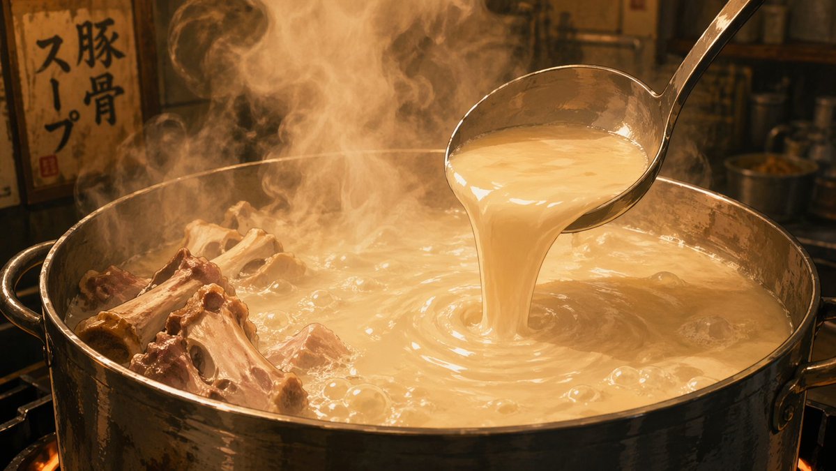 Anime style medium shot of a large pot of tonkotsu broth simmering on a stove. The broth is thick, creamy, and golden w…