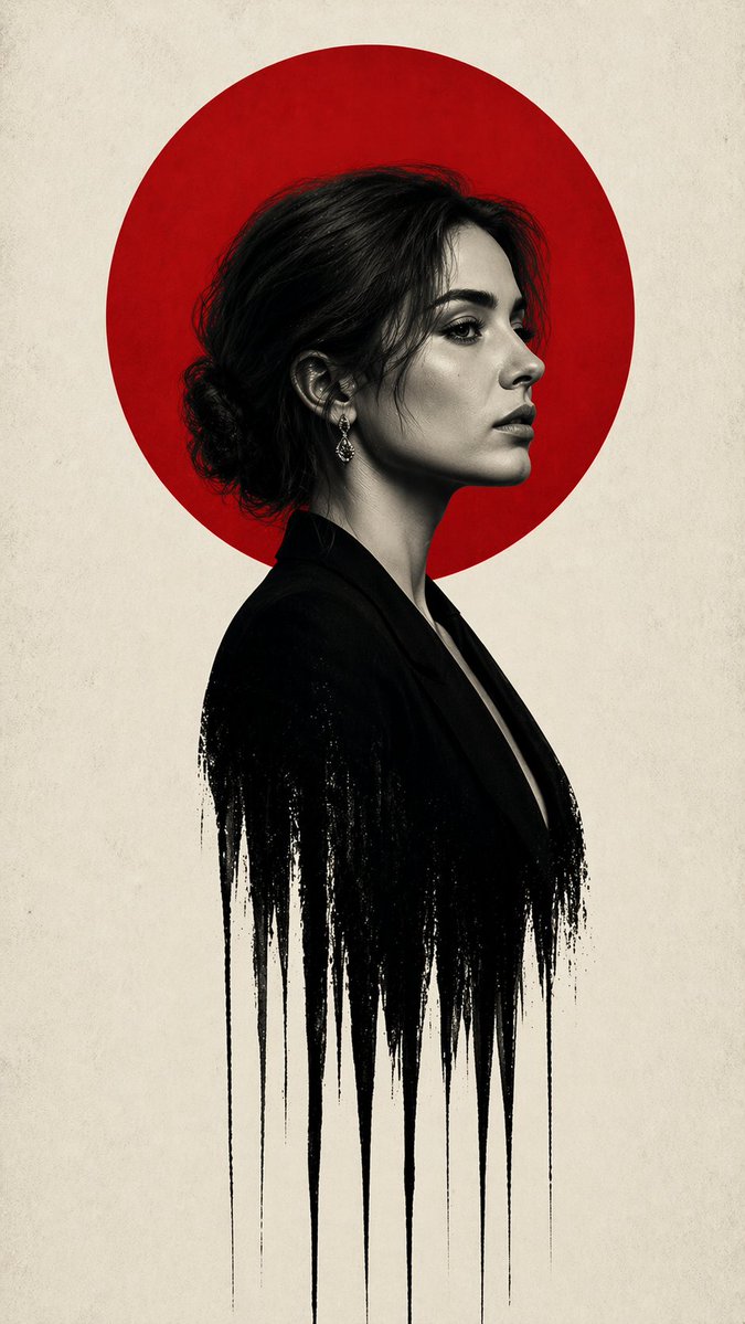 A minimalist fine-art poster portrait of a woman in clean side profile facing right, shown from about mid-torso up, wit…