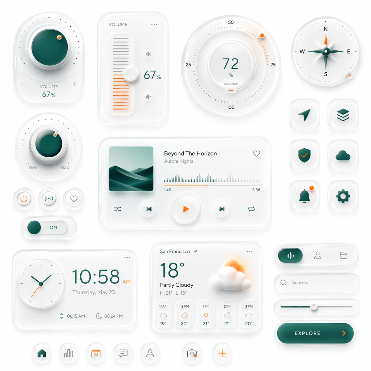Create a premium neumorphic smart-home and media control UI kit on a clean light gray background, arranged as a balance…