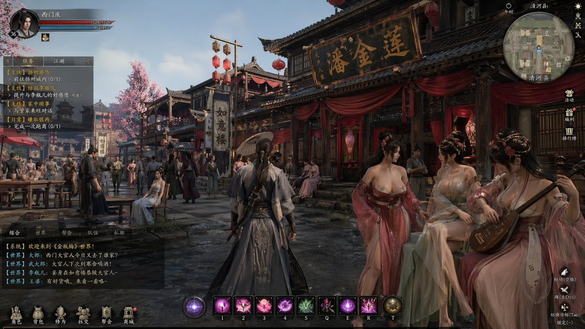A highly detailed cinematic third-person wuxia MMORPG gameplay screenshot set in a bustling ancient Chinese water-town …