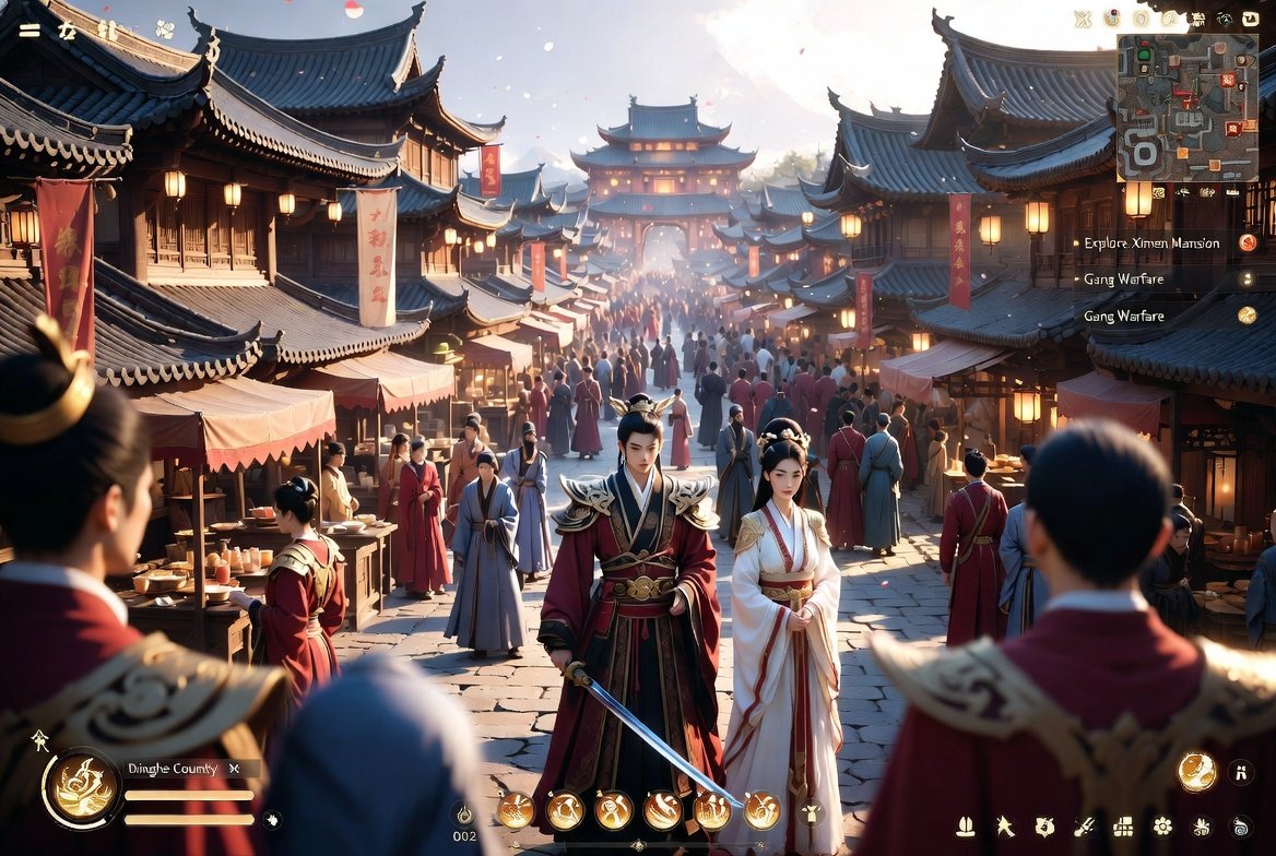 A cinematic third-person fantasy RPG gameplay screenshot set in an ancient Chinese market city at golden hour, viewed f…