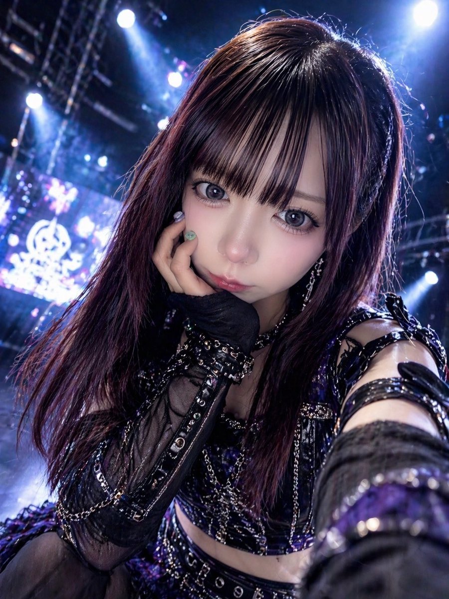 A dramatic close-up selfie-style stage photo of a Japanese idol performer leaning toward the camera from a low angle, f…