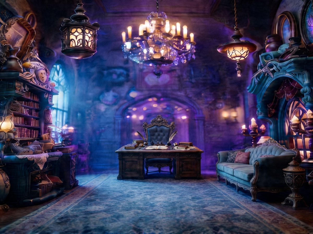 A lavish fantasy gothic study interior, shown as a wide symmetrical room shot with no people present. In the center, pl…