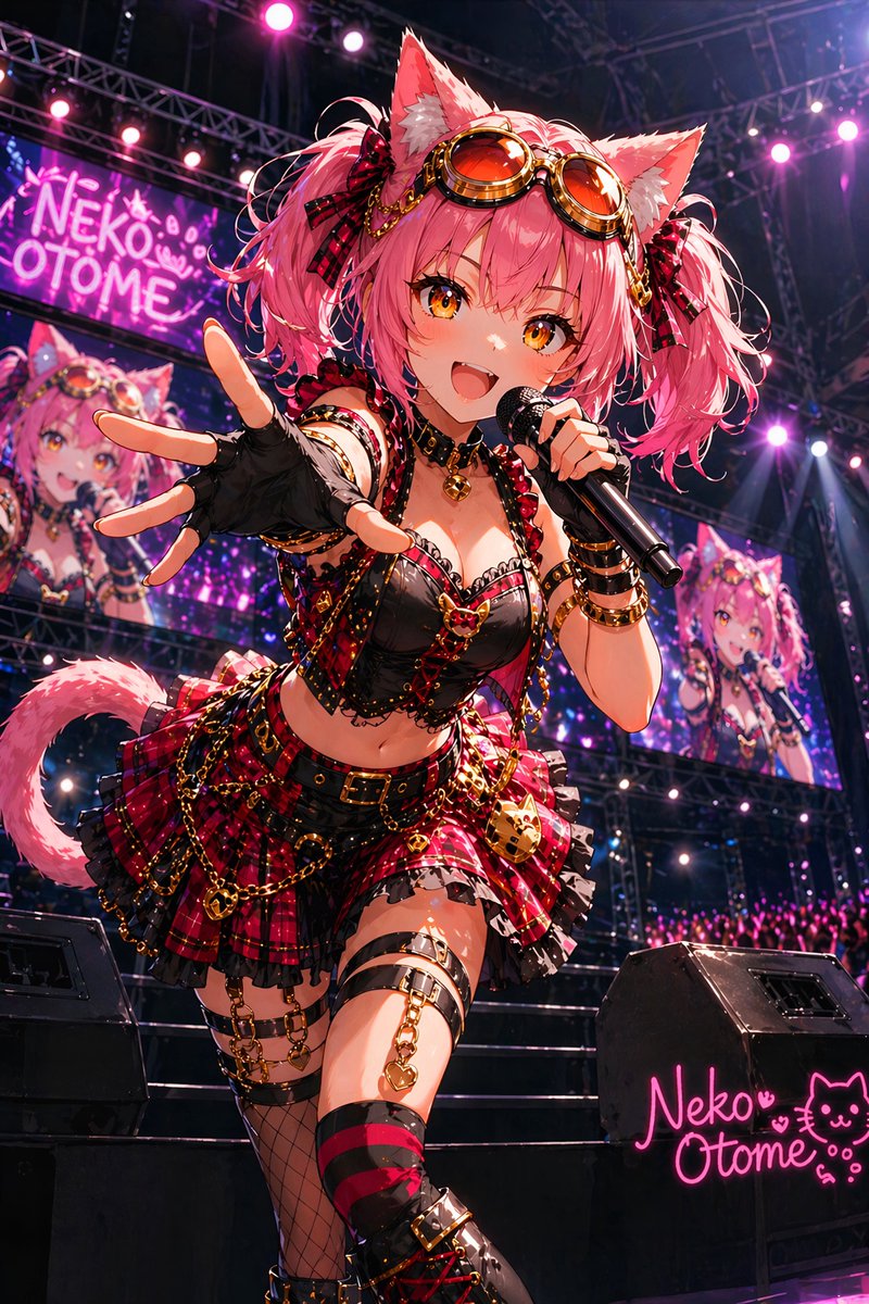 A dynamic anime idol concert illustration of a single female catgirl singer performing on a large stage, viewed from a …