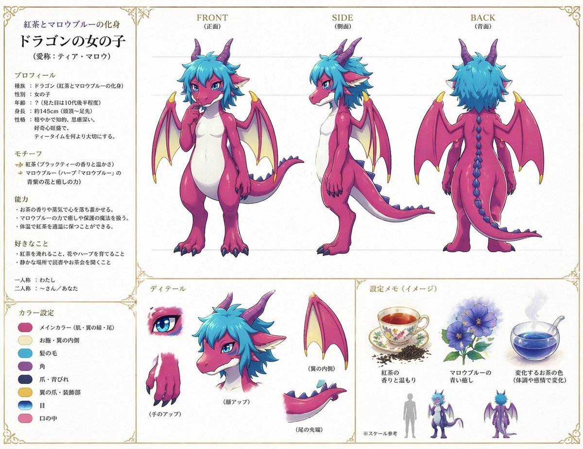 { "type": "fantasy character reference sheet", "style": "clean anime model sheet on an off-white paper background with …
