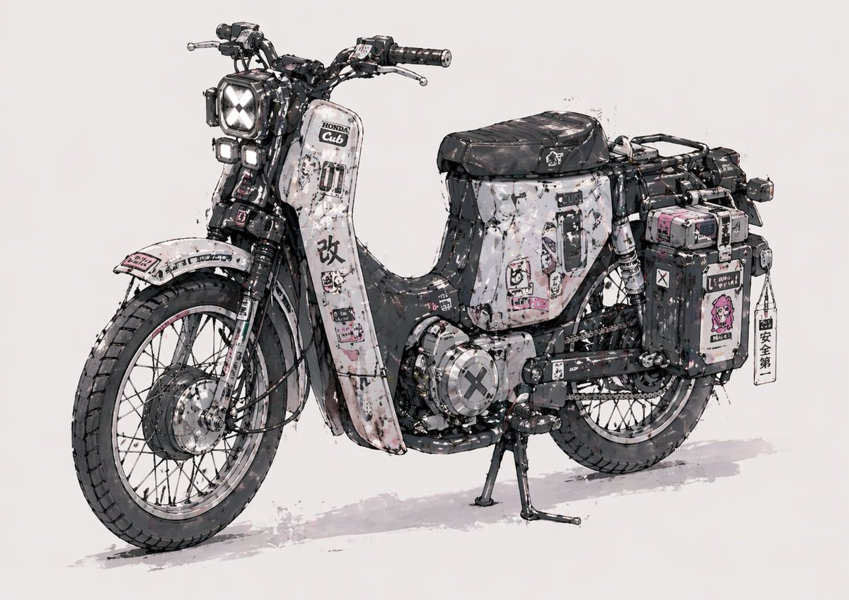 A highly detailed concept illustration of a customized vintage step-through motorcycle inspired by a Honda Super Cub, s…