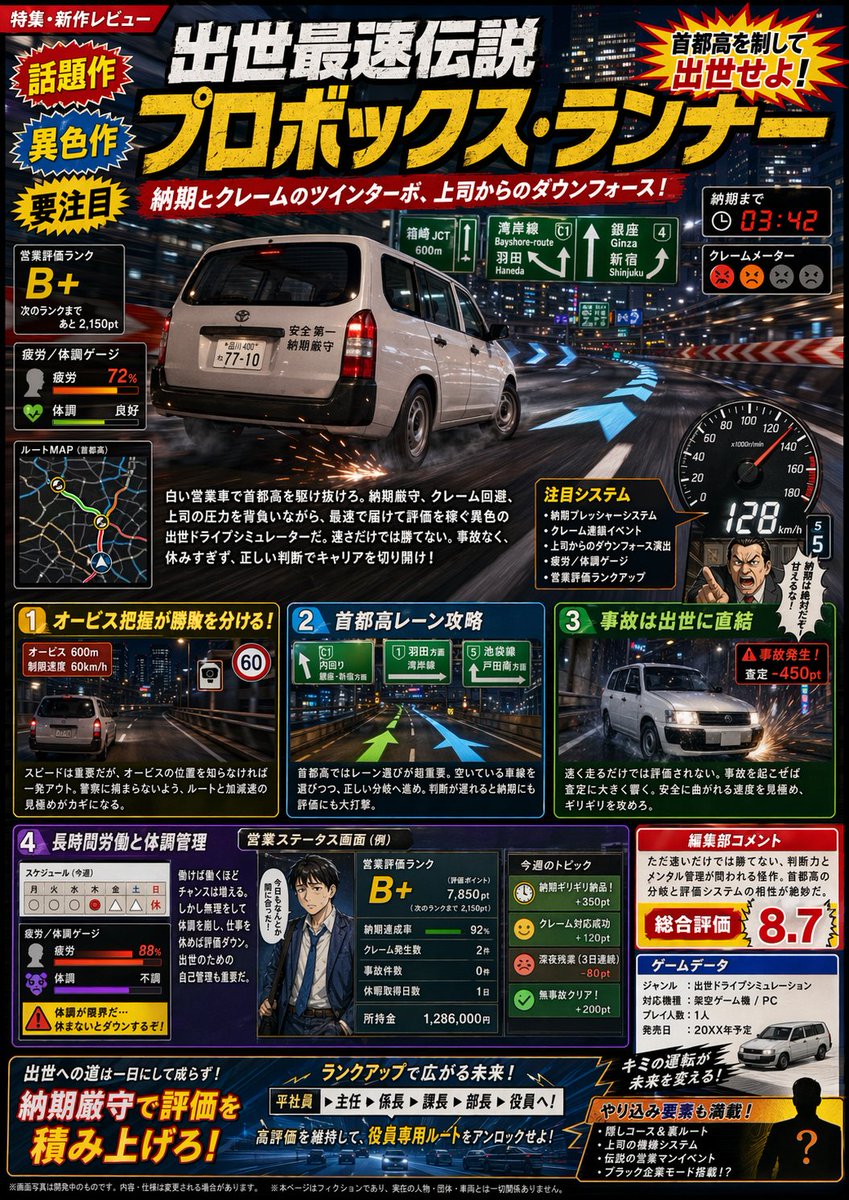 {"type":"Japanese gaming magazine cover-style feature article for a fictional driving simulation game","genre":"high-en…