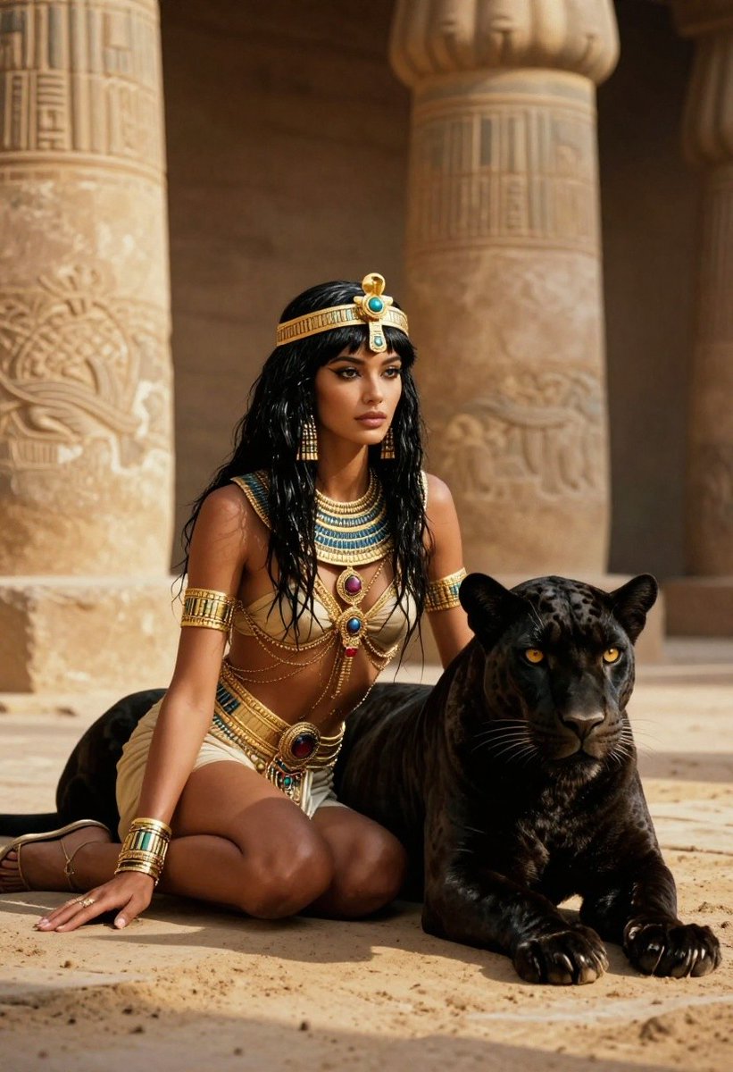 A cinematic ancient Egypt portrait of a glamorous queen-like woman kneeling on warm desert sand beside a large black pa…