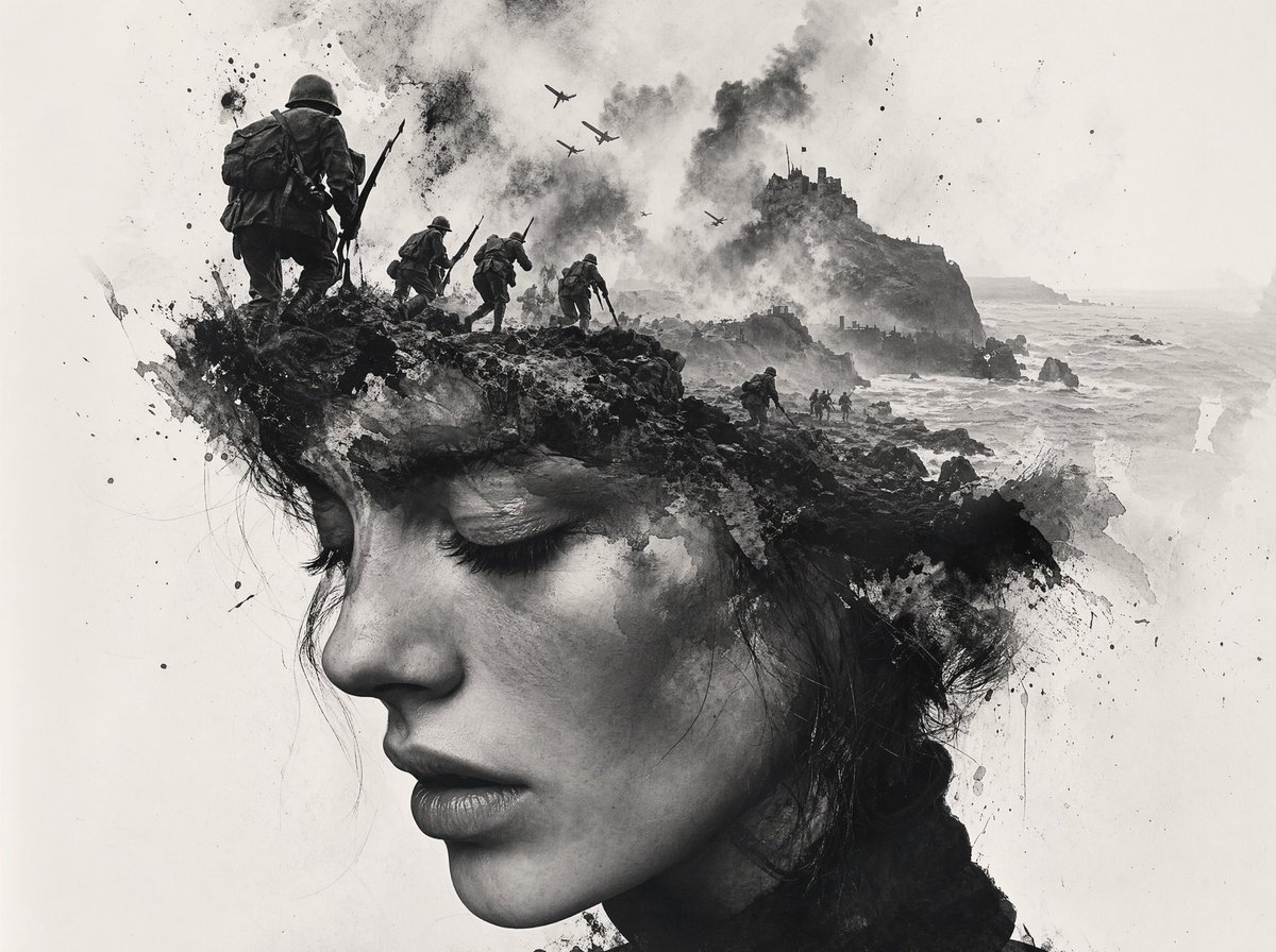 A dramatic black-and-white ink-wash wartime illustration in a vertical composition, combining realistic World War II im…