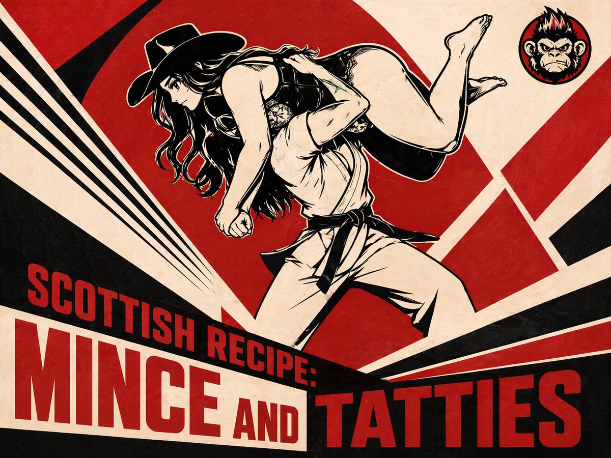 A bold retro propaganda-style poster illustration with a limited palette of red, black, and warm cream on a lightly age…