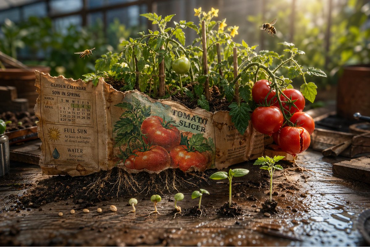 Epic 3D scene: a weathered seed packet lying open on a potting bench, its promise erupting into the garden it describes…