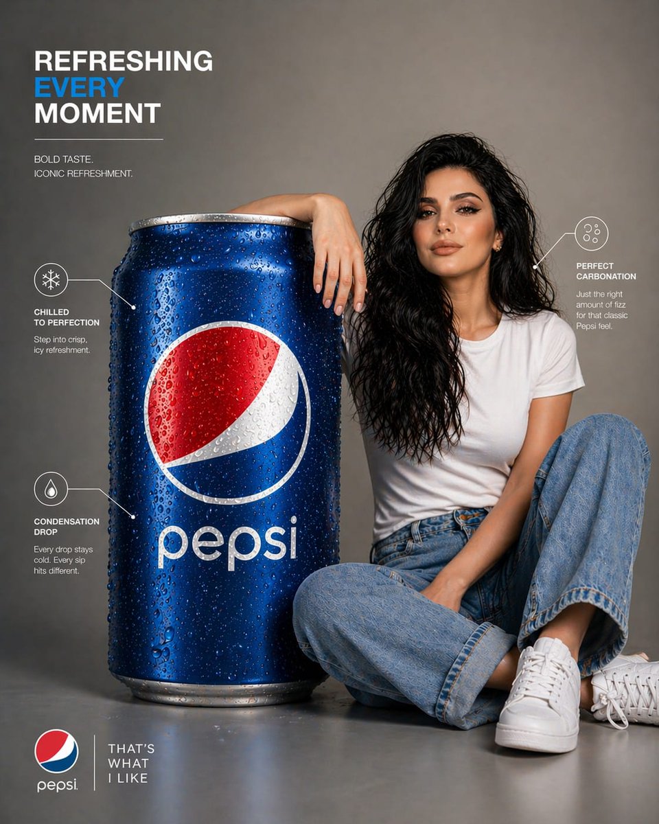 A premium infographic-style visual featuring an oversized {argument name="brand" default="Pepsi"} can placed beside a {…