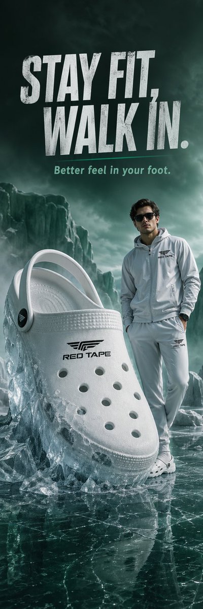 A giant white {argument name="footwear" default="clog"} partially embedded in crystal-clear ice, with cool mist around.…