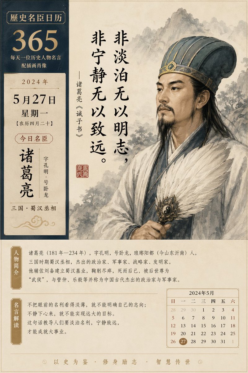 Historical {argument name="character category" default="famous official"} calendar, featuring one historical figure's f…