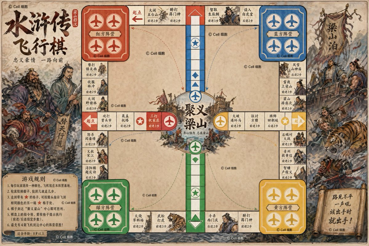 Design a Flying Chess board game based on the plot of {argument name="theme" default="Water Margin"}. Clearly draw the …