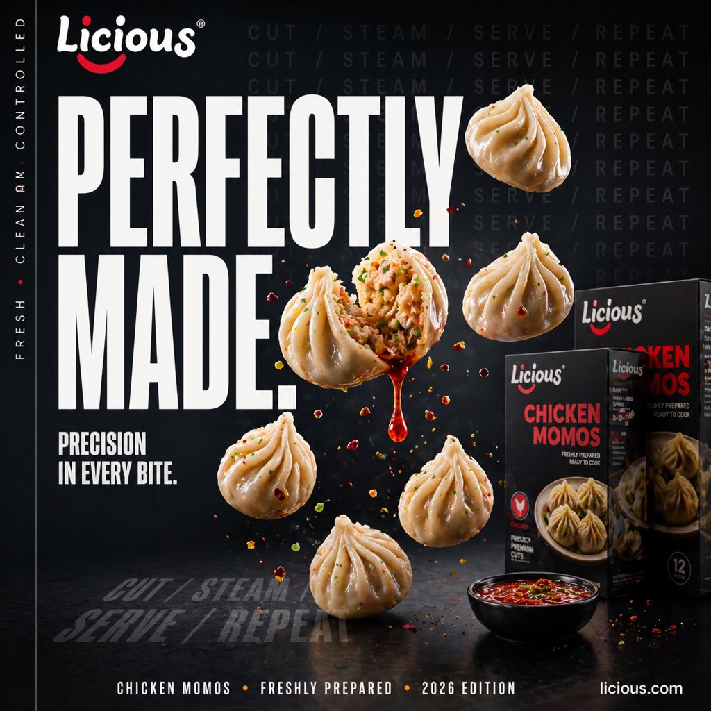A hyper-realistic cinematic street-food advertisement poster for {argument name="brand name" default="Licious"} frozen …