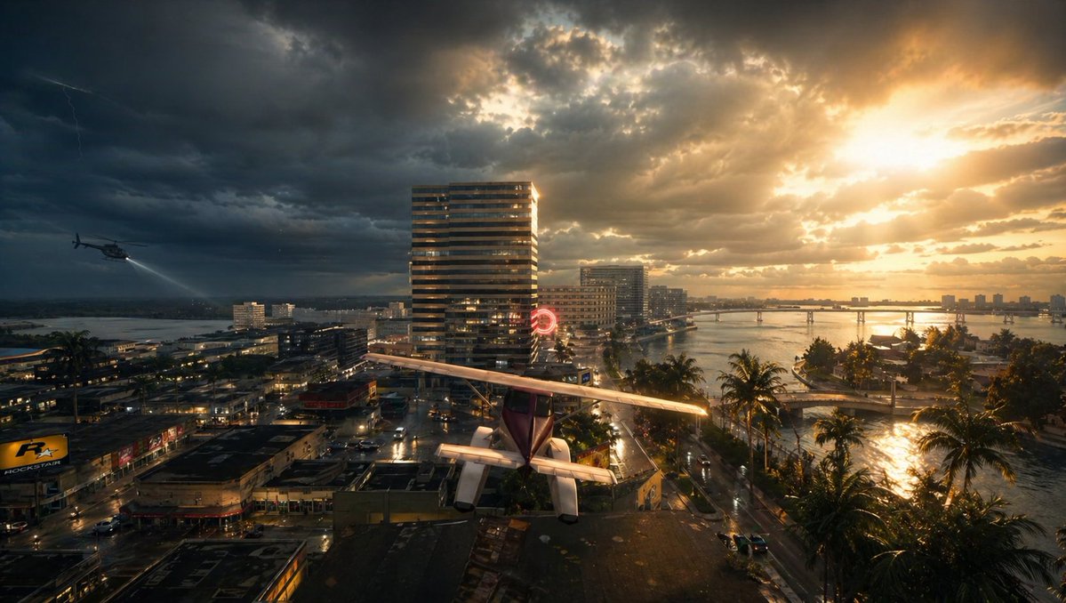 A cinematic wide aerial view of a tropical coastal city at sunset during a violent storm, split dramatically between da…