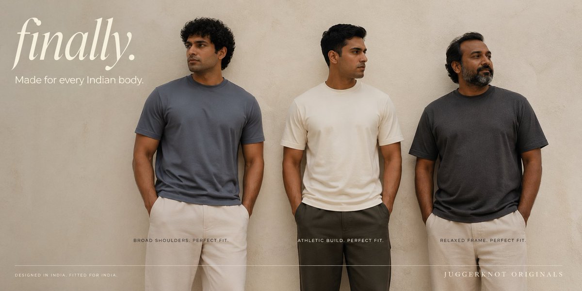 A clean premium fashion campaign banner shot against a warm beige textured plaster wall, featuring 3 Indian men standin…