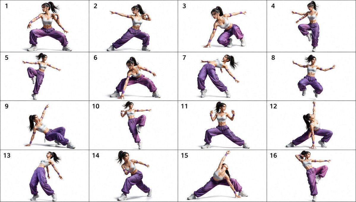 {"type":"pose reference sheet","subject":{"theme":"hip-hop dance and combat-ready movement chart","character":{"count":…
