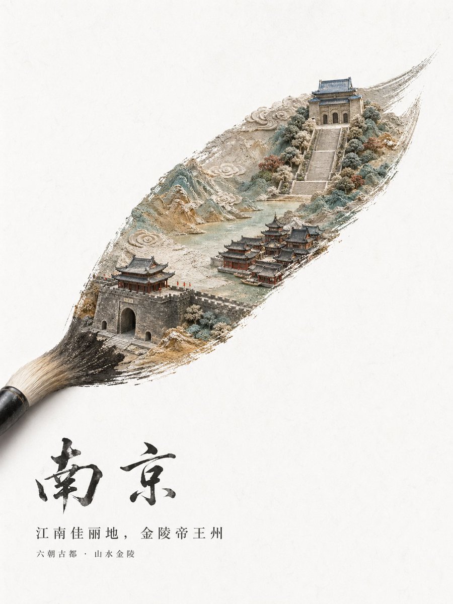 A minimalist high-end Chinese city tourism poster on an off-white textured paper background with vast negative space. A…