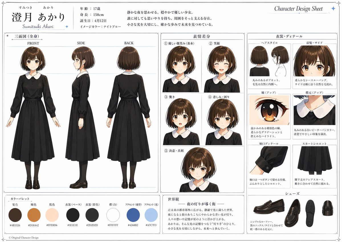 { "type": "anime character design sheet", "style": "clean professional Japanese reference sheet, polished digital illus…