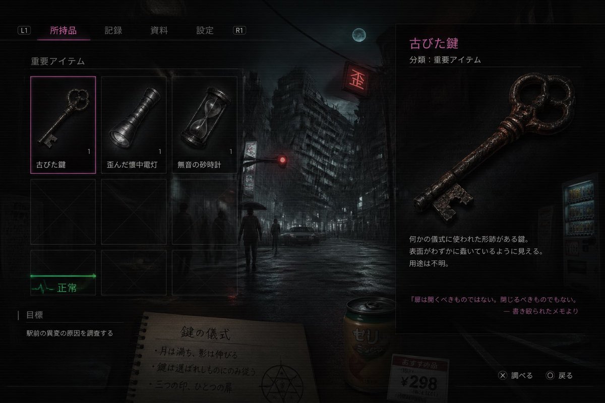 A dark, cinematic survival-horror game inventory screen in Japanese, styled like a realistic modern console UI over a m…