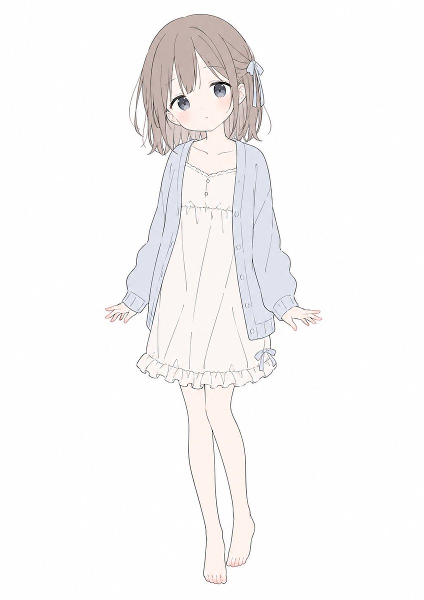 A full-body anime girl character design on a plain white background, centered and floating slightly, drawn in a soft mi…