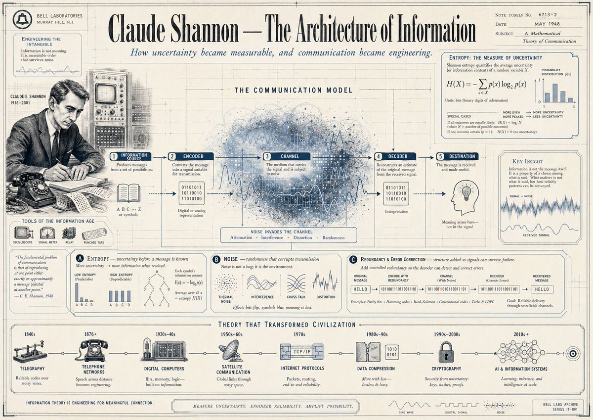 {"type":"vintage editorial infographic poster","subject":"Claude Shannon and information theory","style":{"era":"1940s …