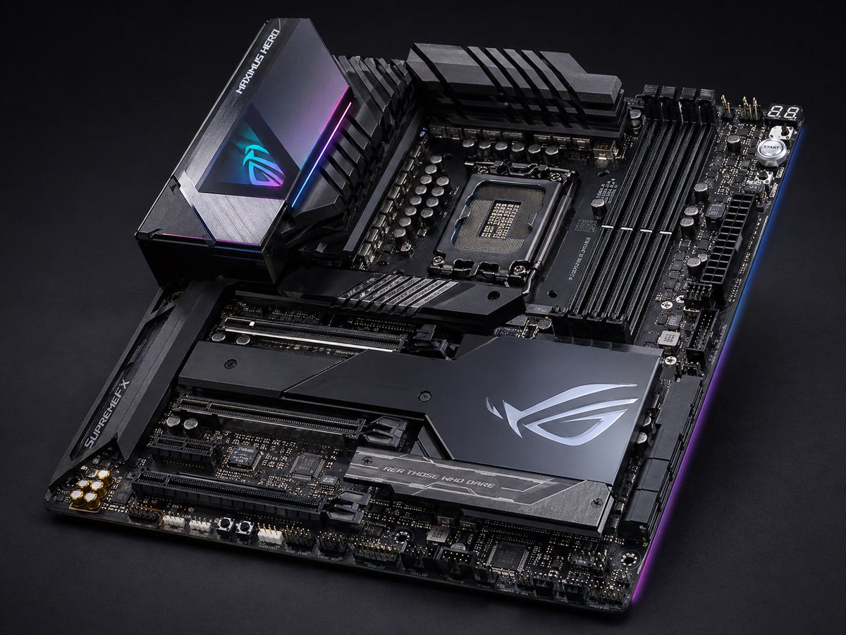 A high-end enthusiast ATX gaming motherboard product photo on a dark studio background, shown in a three-quarter top-do…