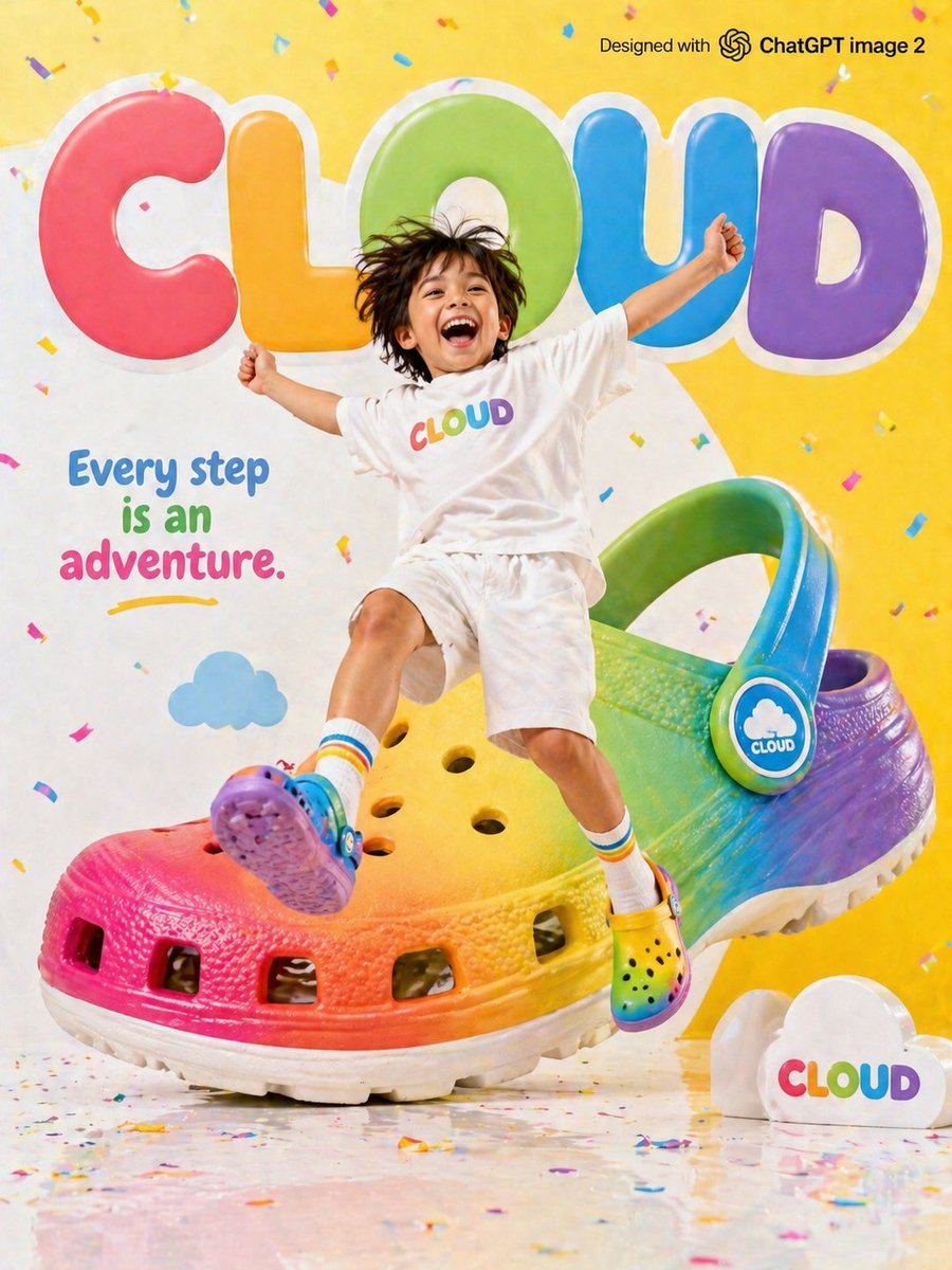 Bright colorful children's shoe brand advertisement for {argument name="brand" default=""CLOUD""}, happy young child ju…