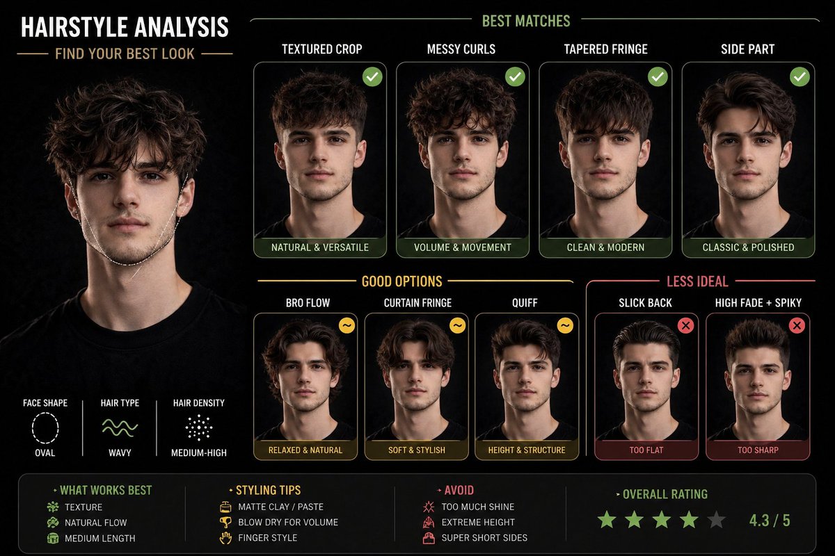Create a {argument name="analysis type" default="hairstyle analysis graphic"} using this portrait. Show side-by-side ha…