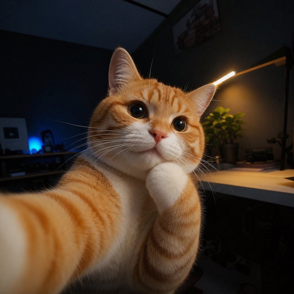 a {argument name="cat type" default="cute orange and white cat"}, he looks like hes thinking. taking a selfie inside a …