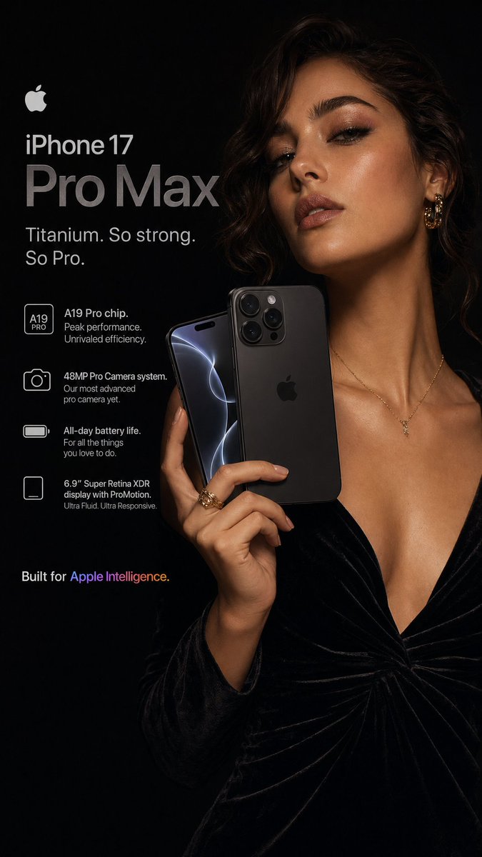 A hyperrealistic {argument name="phone model" default="Apple iPhone 17 Pro Max"} advertisement shot in a dark, moody ed…