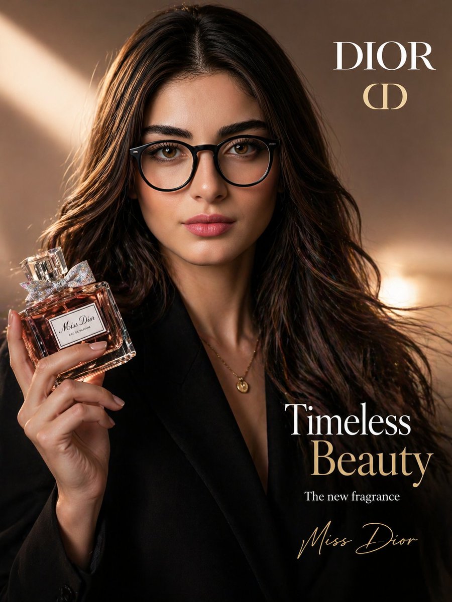 Create a luxury beauty advertisement featuring the woman from the reference image, keeping her face exactly identical. …