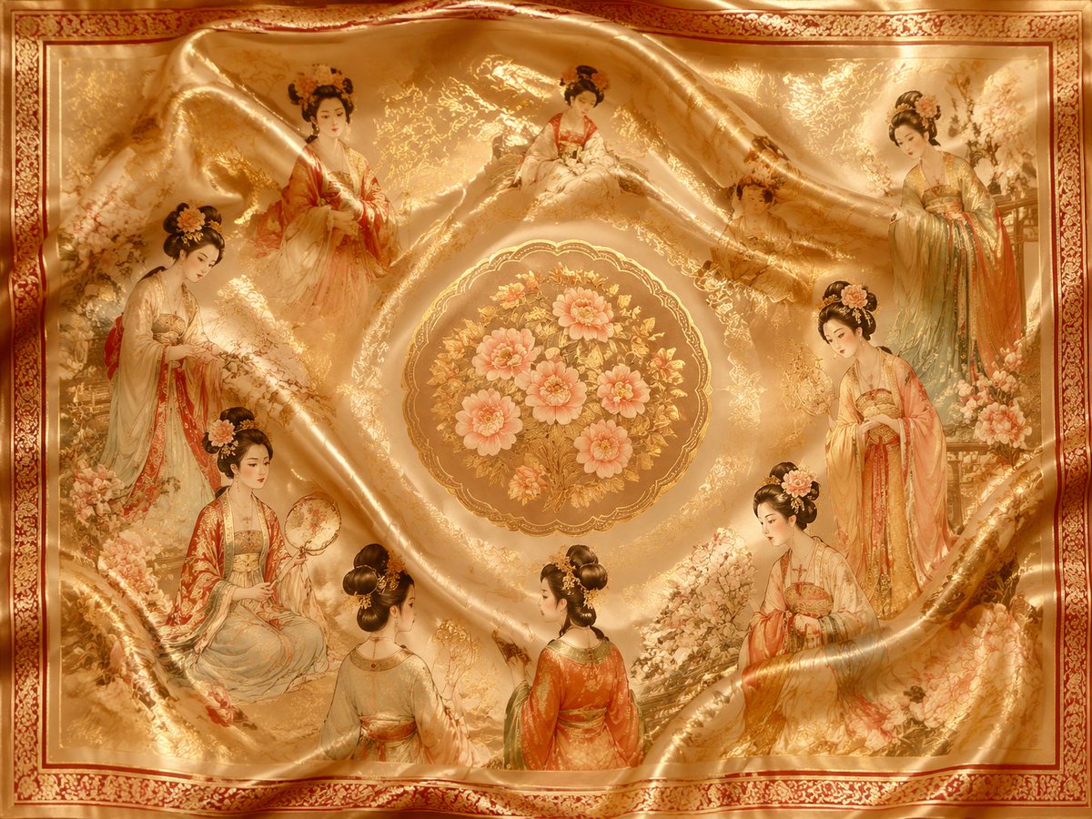 Silk shawl with 'Court Ladies Wearing Floral Headdresses' pattern from the Tang Dynasty, featuring {argument name="patt…